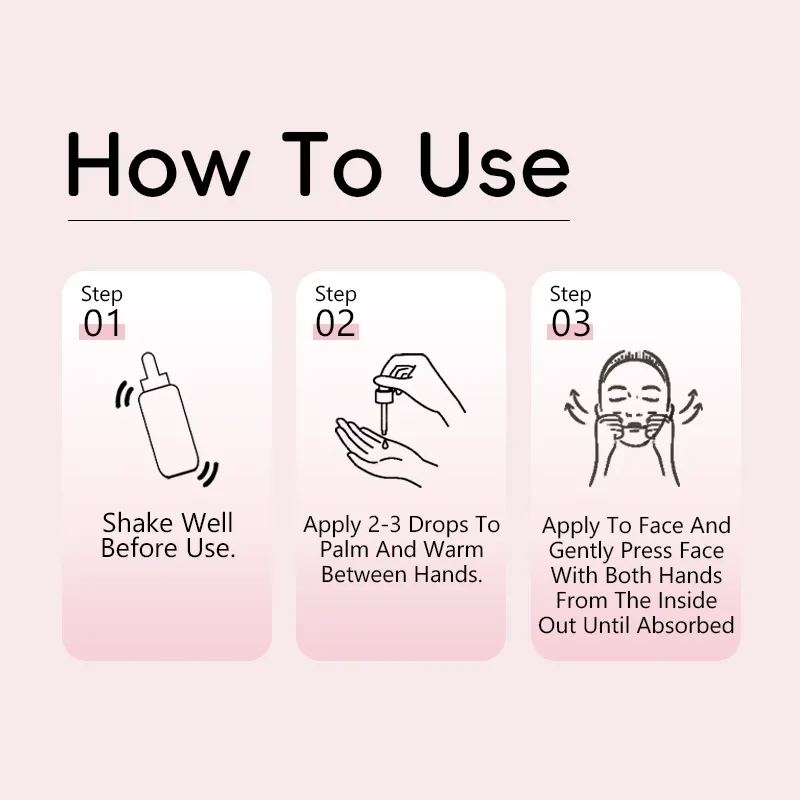 Three-step instructions on how to use a skincare product, including shaking the bottle, applying drops to palm, and applying to face.
